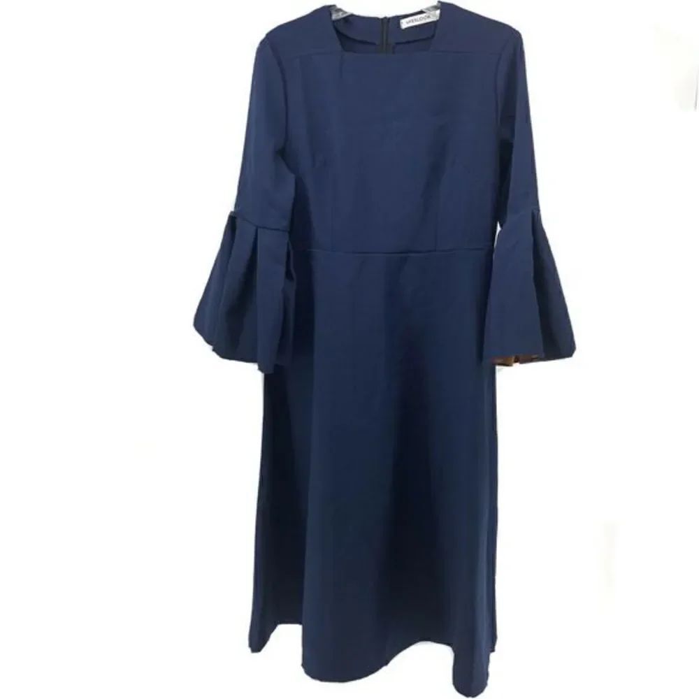 Blue 3/4 Bell Sleeve Structured Modest Midi Dress